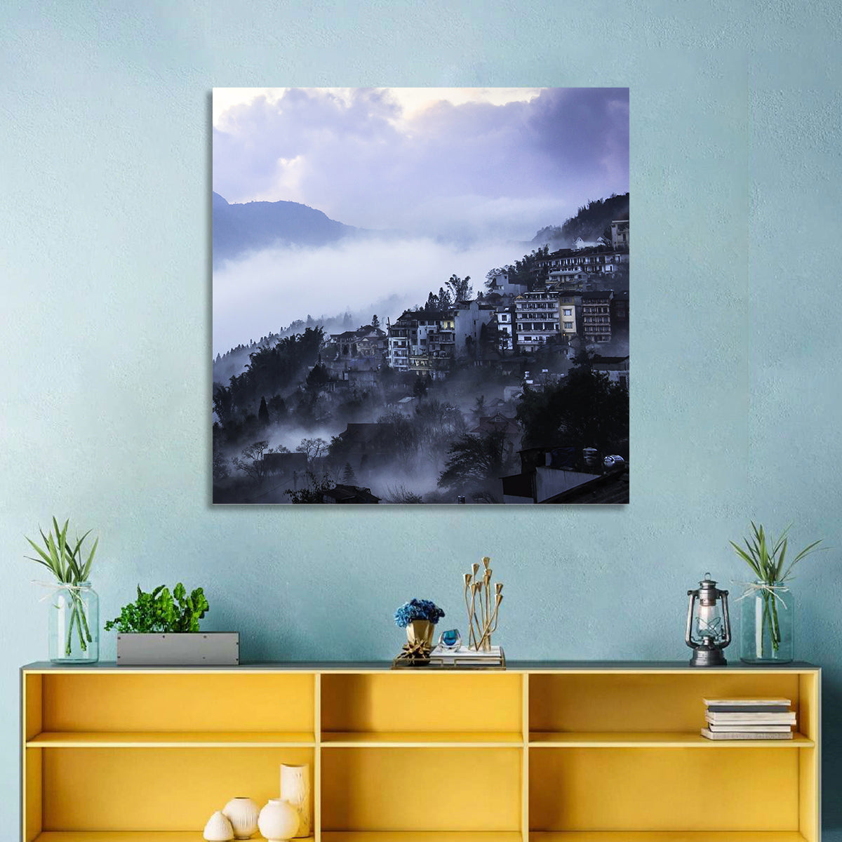 Misty Hillside Town Wall Art