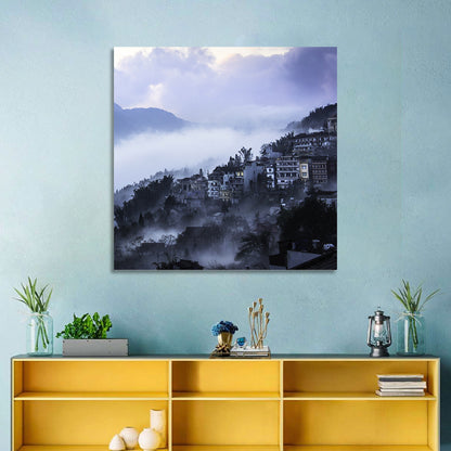 Misty Hillside Town Wall Art