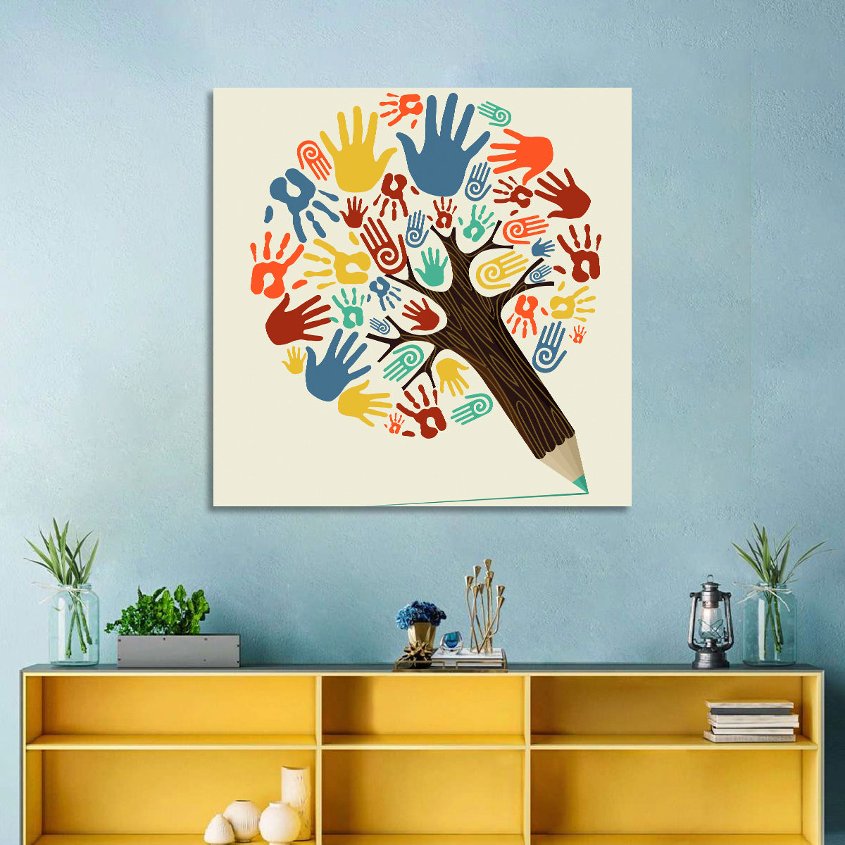 Handprint Tree Illustration Wall Art in a room, square