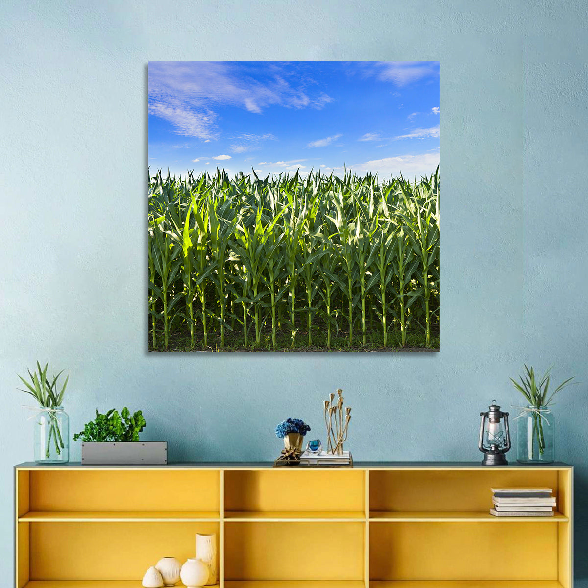 Green Corn Field Wall Art in a room, square