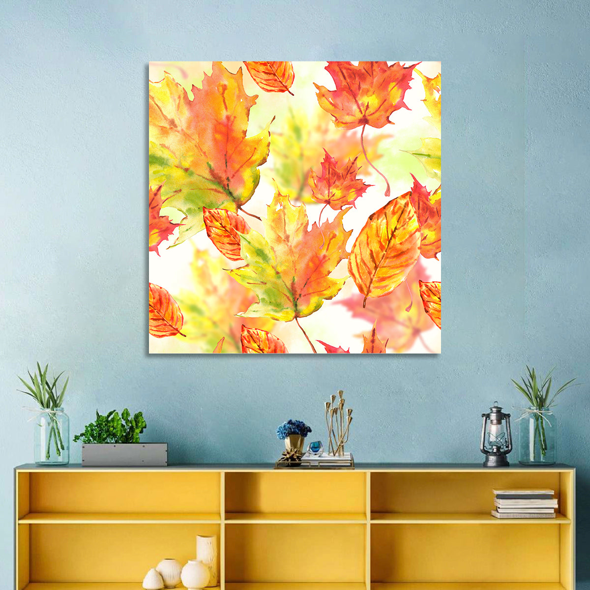 Falling Autumn Leaves Wall Art in a room, square