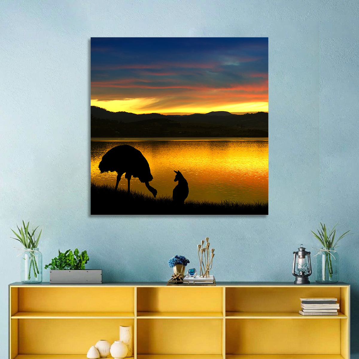Kangaroo and Emu at Lake Sunset Wall Art