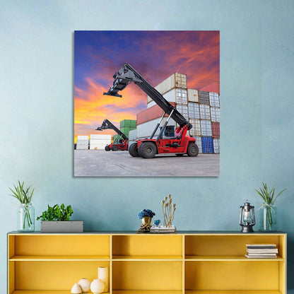 Red Reach Stackers at Sunset Wall Art
