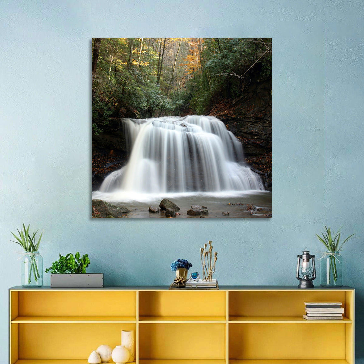 Holly River Autumn Waterfall Wall Art in a room, square
