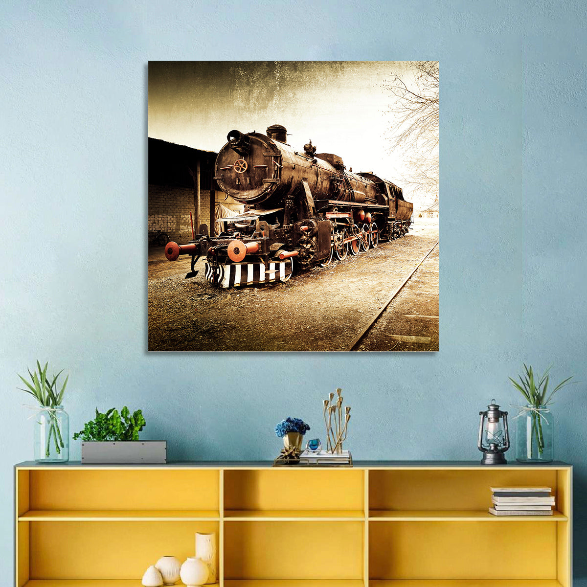 Sepia Steam Locomotive on Rusted Tracks Wall Art