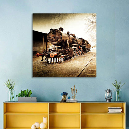 Sepia Steam Locomotive on Rusted Tracks Wall Art