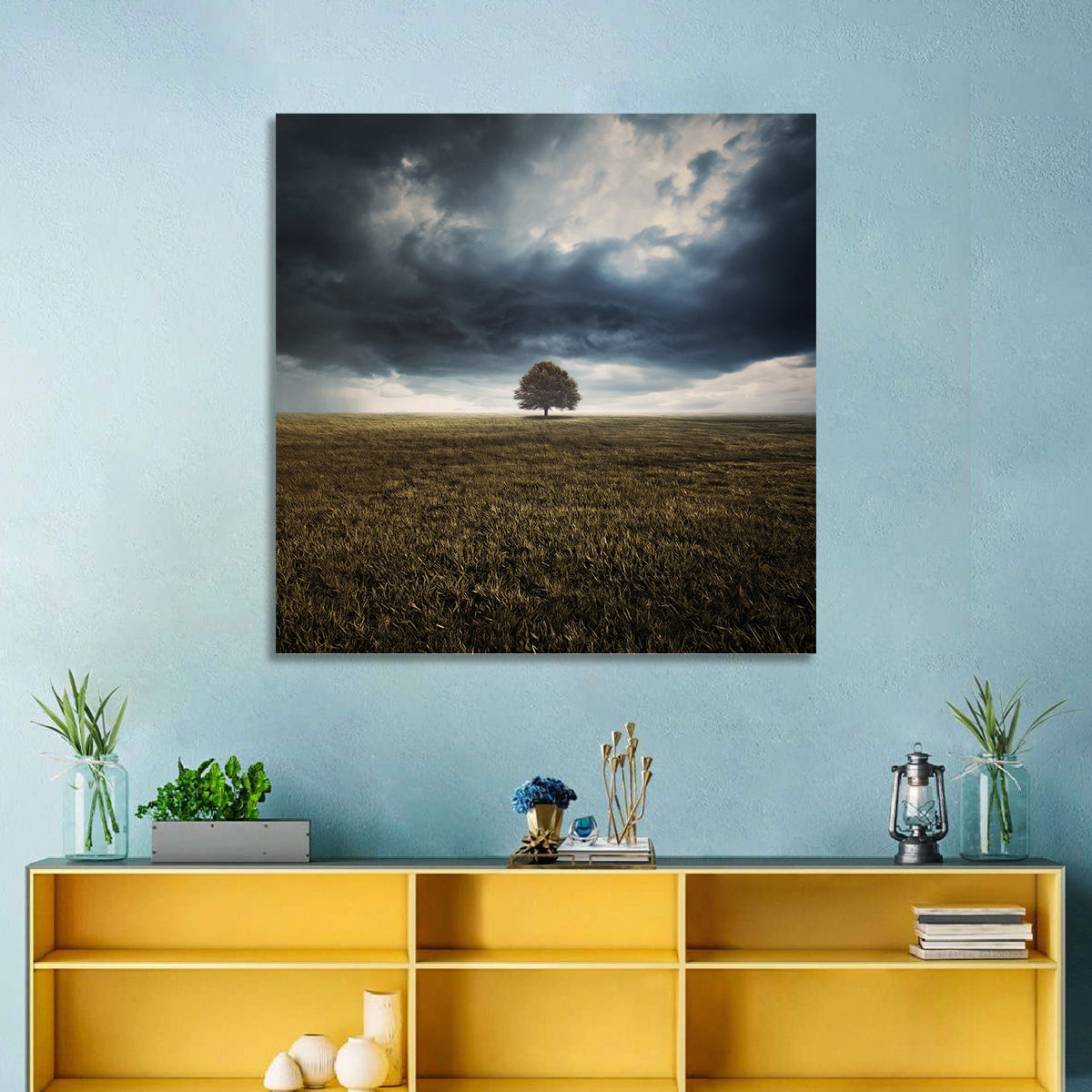 Lone Tree Under Storm Clouds Wall Art in a room, square