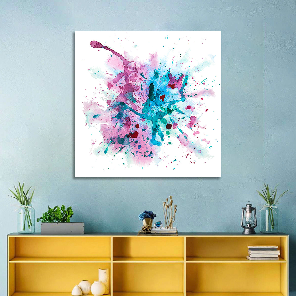 Magenta and Turquoise Splash Wall Art in a room, square