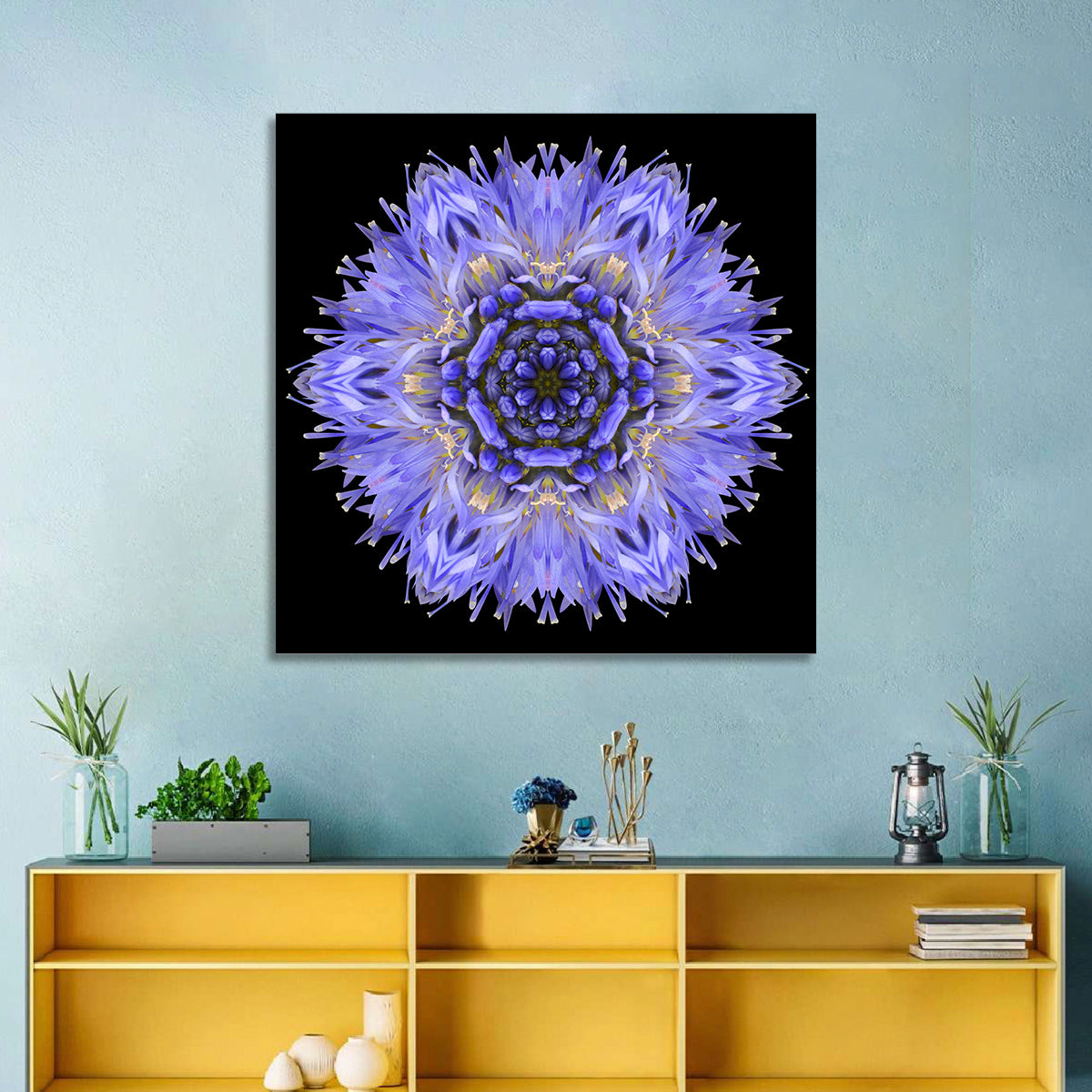 Cornflower Mandala Kaleidoscope Wall Art in a room, square