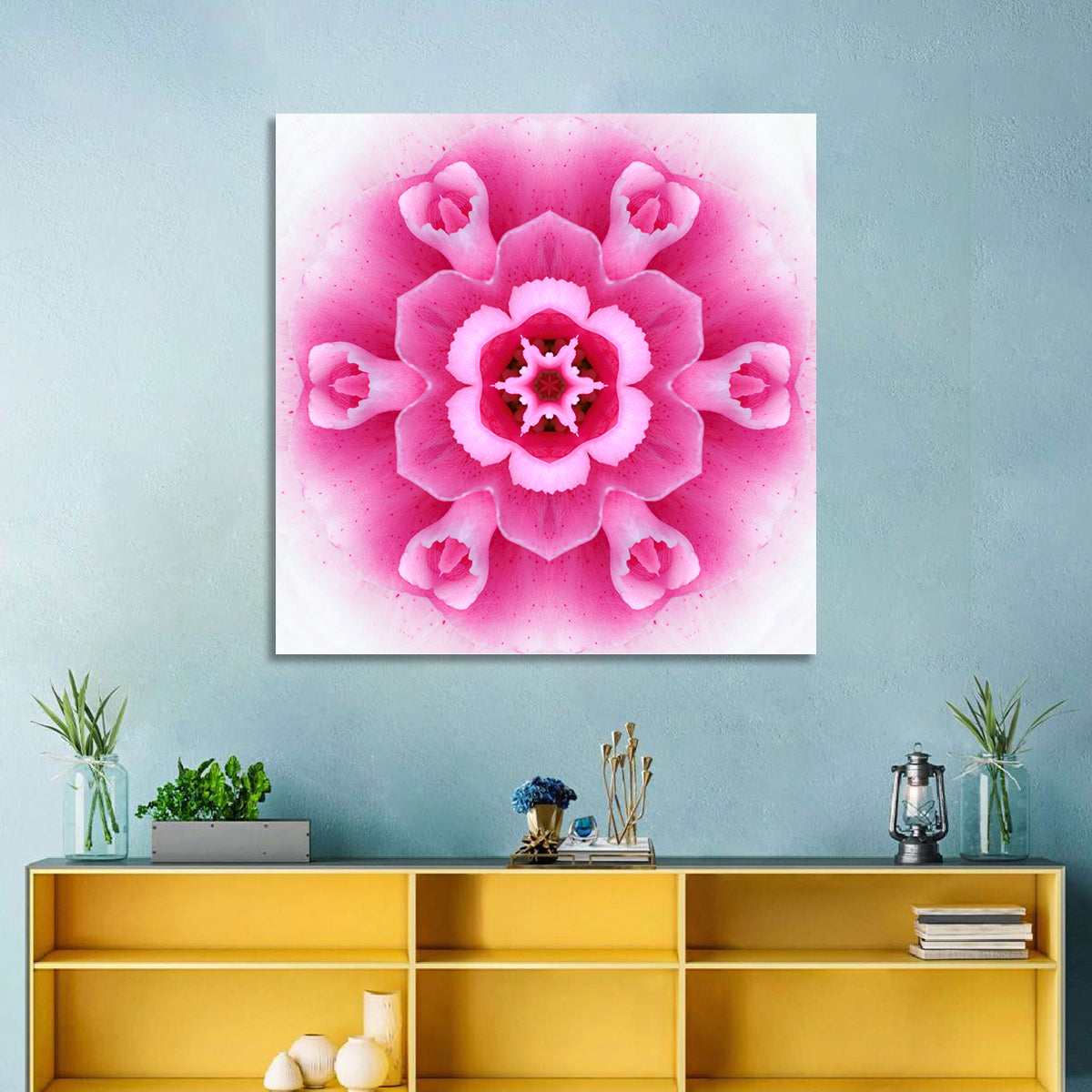 Pink Carnation Kaleidoscope Mandala Wall Art in a room, square