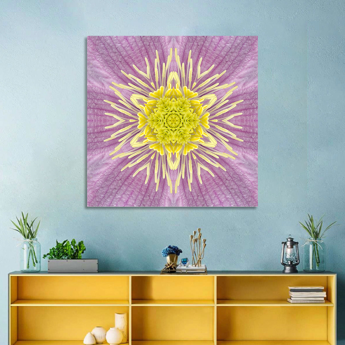 Kaleidoscopic Floral Mandala in Purple and Yellow Wall Art in a room, square