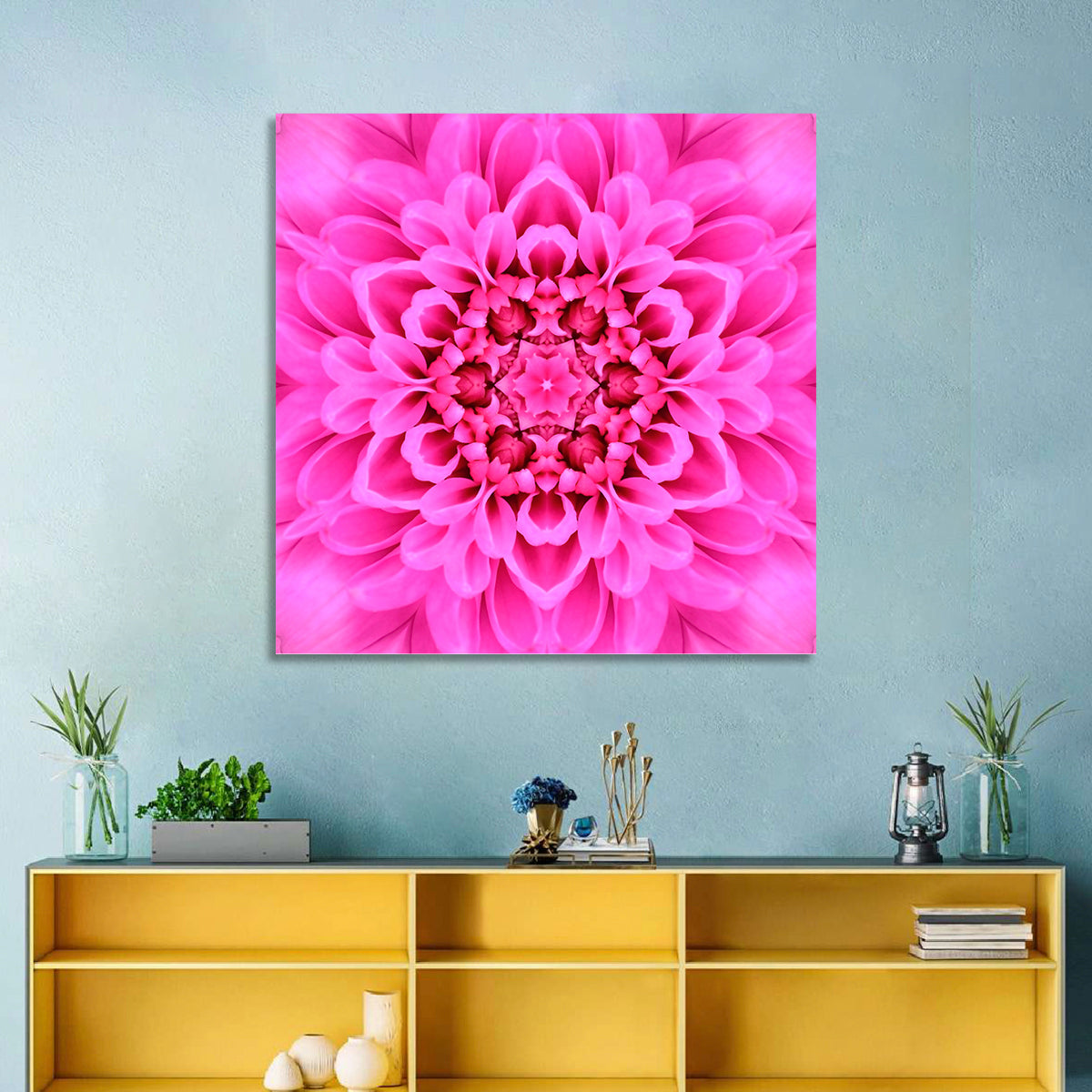 Kaleidoscopic Chrysanthemum Mandala in Magenta Wall Art in a room, square