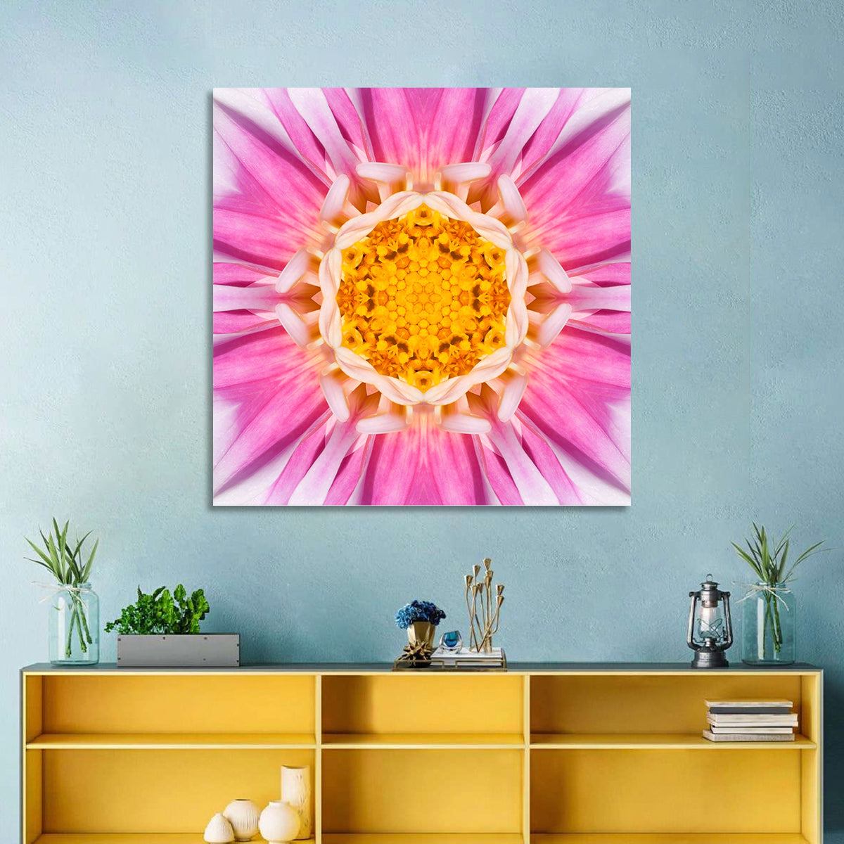 Kaleidoscopic Dahlia Mandala Bloom Wall Art in a room, square