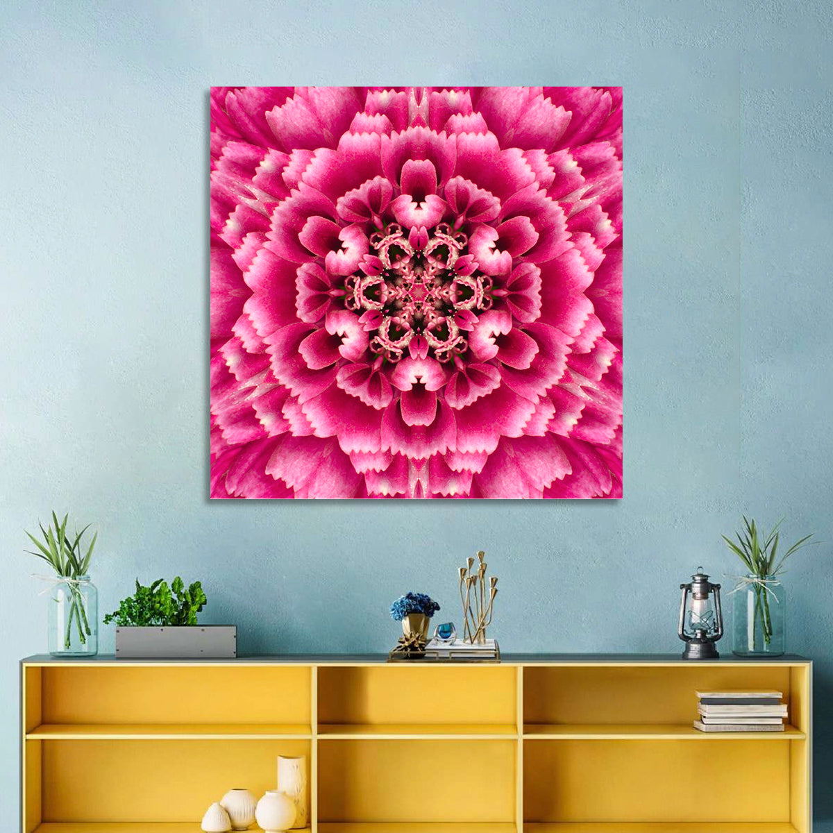 Kaleidoscopic Pink Chrysanthemum Mandala Wall Art in a room, square