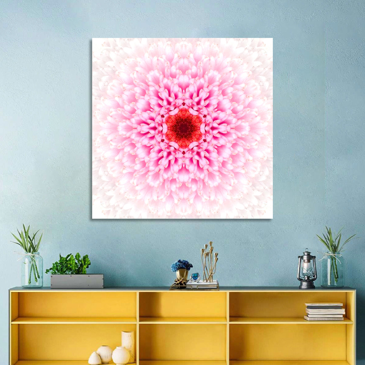 Pink Chrysanthemum Mandala with Deep Red Center Wall Art in a room, square