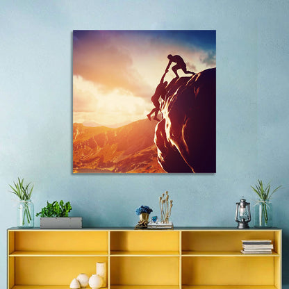 Two Hikers Summit Assist at Sunset Wall Art