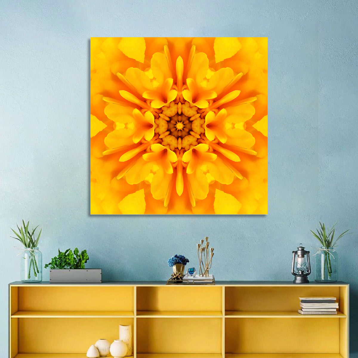 Golden Dahlia Mandala Wall Art in a room, square