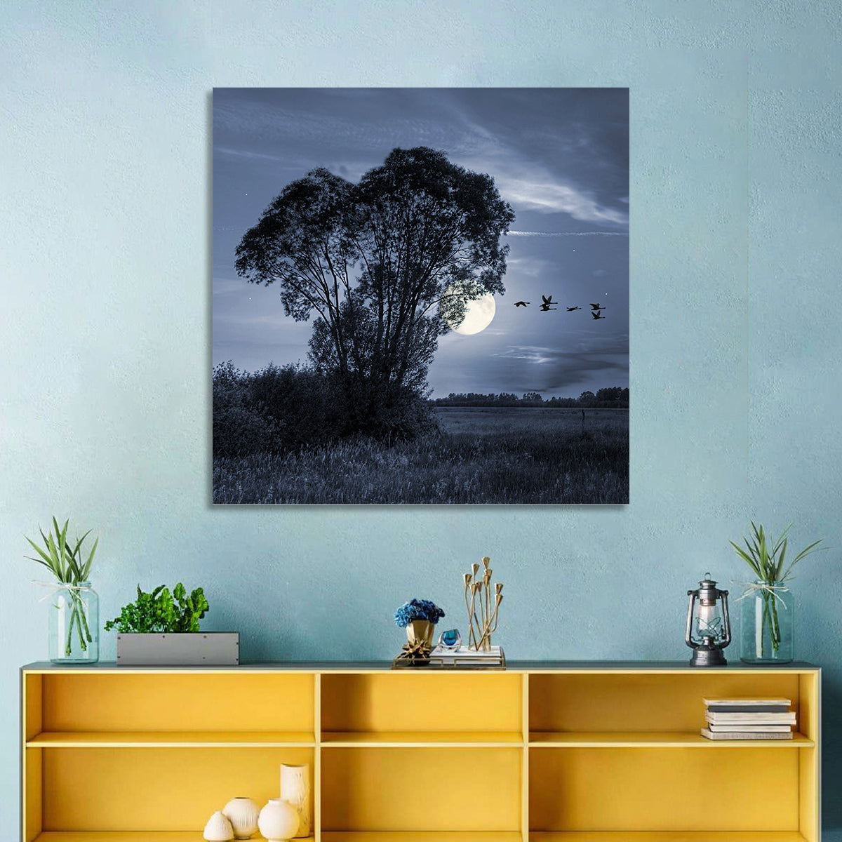 Moonlit Birds Over Quiet Field Wall Art