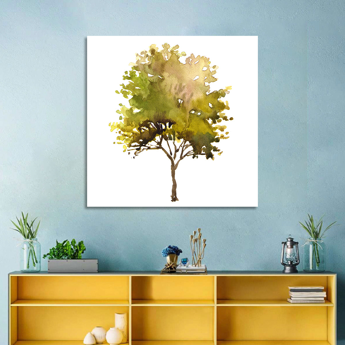 Olive Green Watercolor Tree Wall Art in a room, square