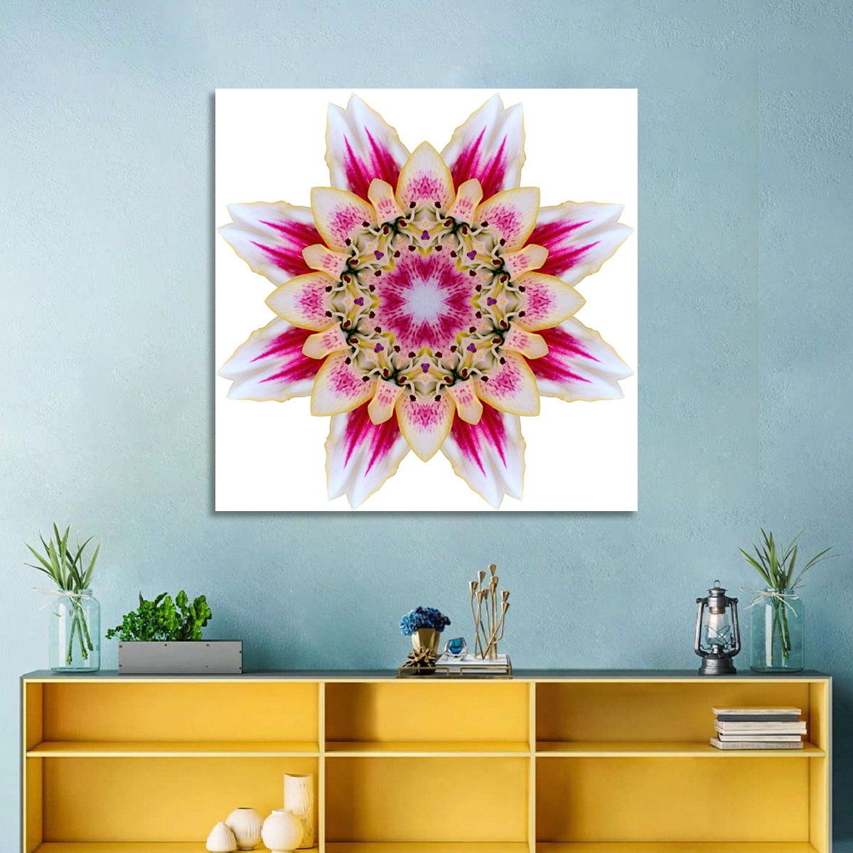 Pink Lily Star Mandala Pattern Wall Art in a room, square