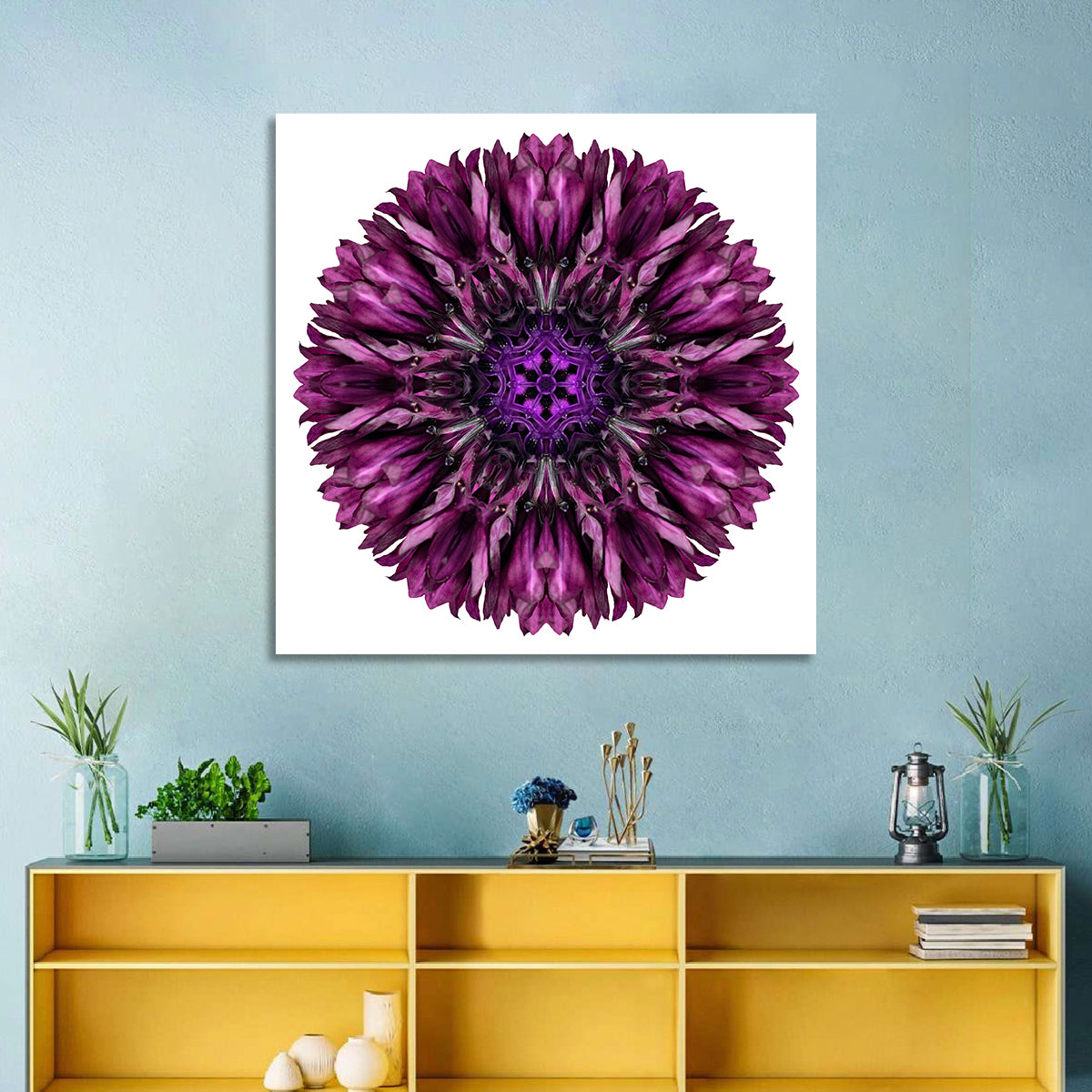 Purple Cornflower Kaleidoscope Mandala Wall Art in a room, square