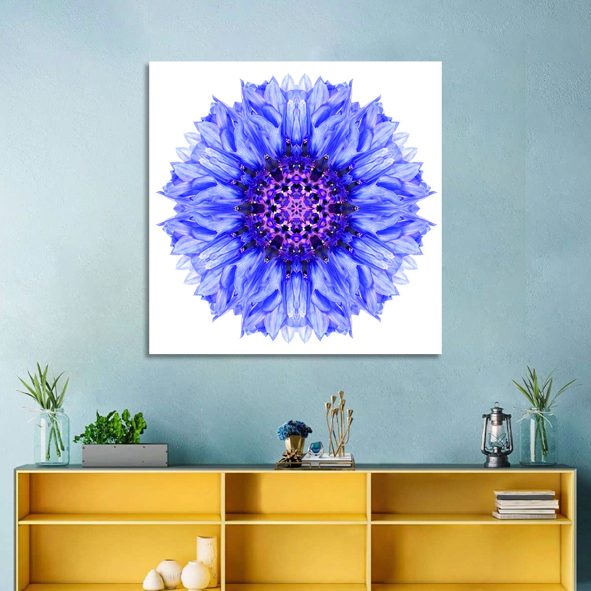 Cornflower Mandala with Dark Violet Center Wall Art in a room, square
