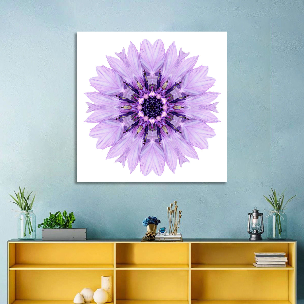 Lavender Cornflower Mandala Wall Art in a room, square