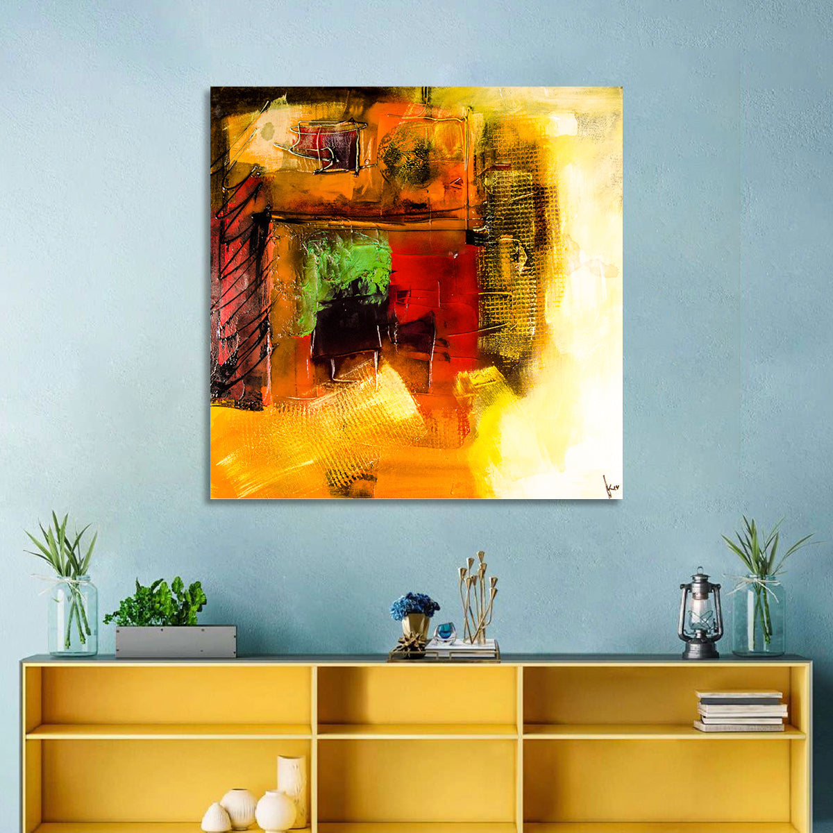 Layered Geometric Abstract in Warm Tones Wall Art in a room, square