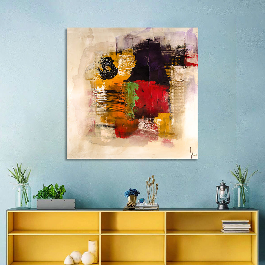 Bold Color Block Abstract with Black Circle Wall Art