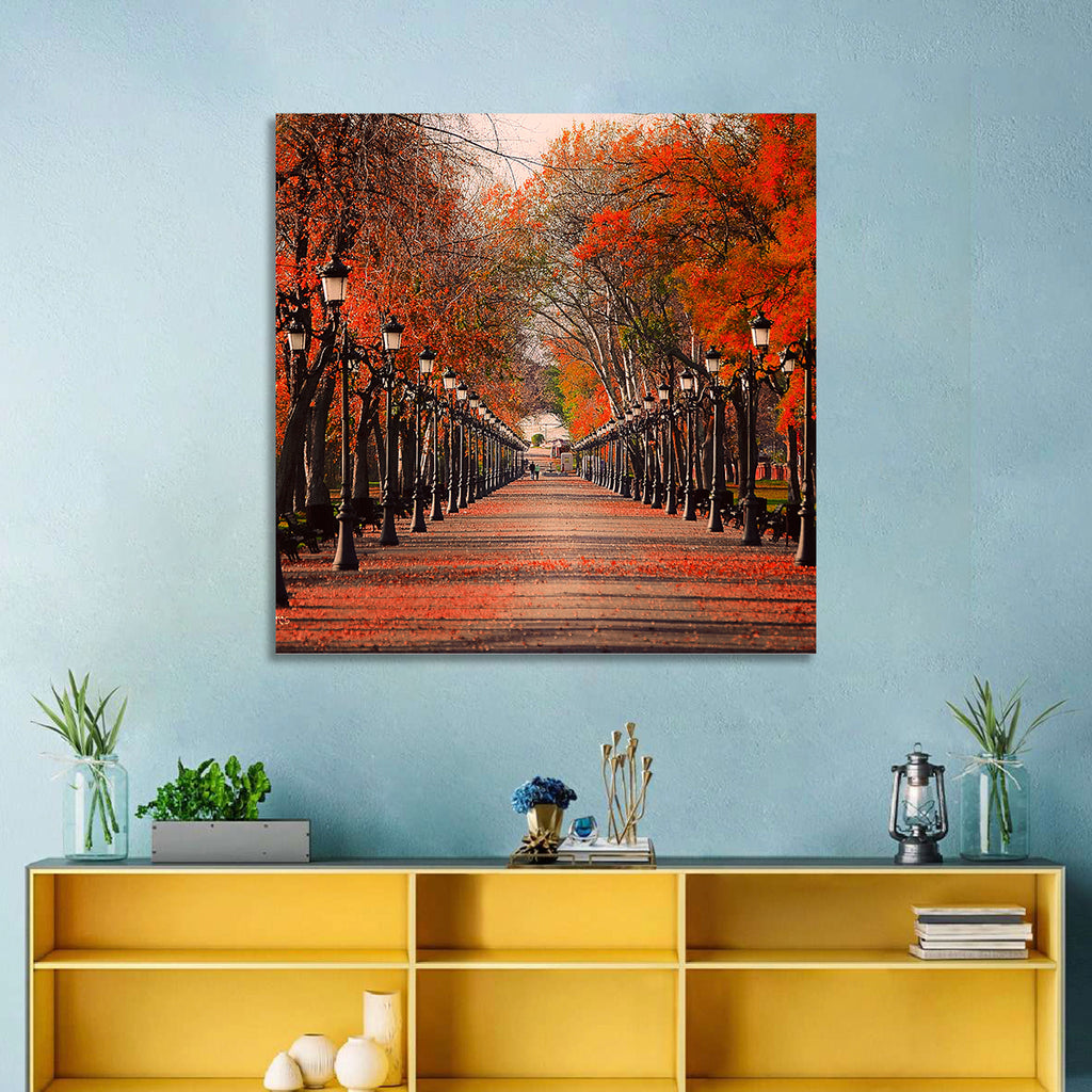 Autumn Park Path with Vintage Lampposts Wall Art
