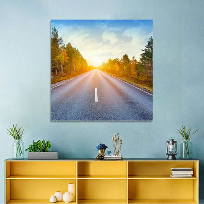 Sunlit Autumn Forest Road Wall Art