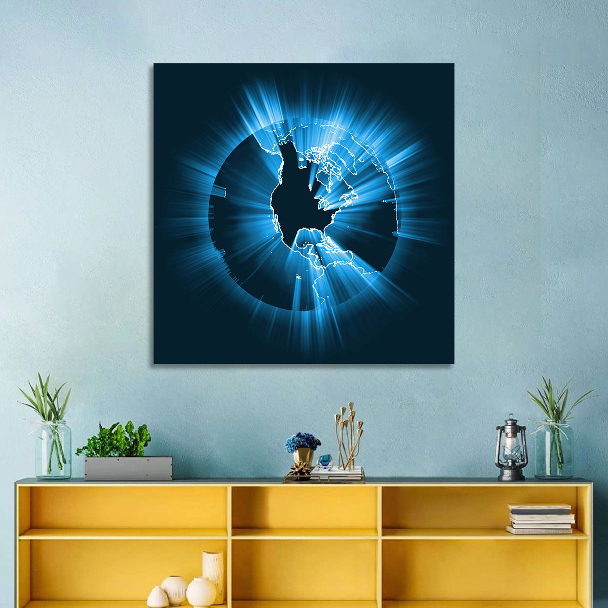 Glowing North America Globe Wall Art in a room, square
