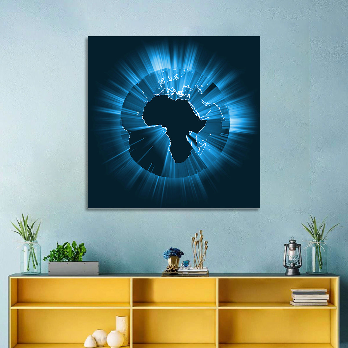 Glowing Africa Globe Wall Art in a room, square