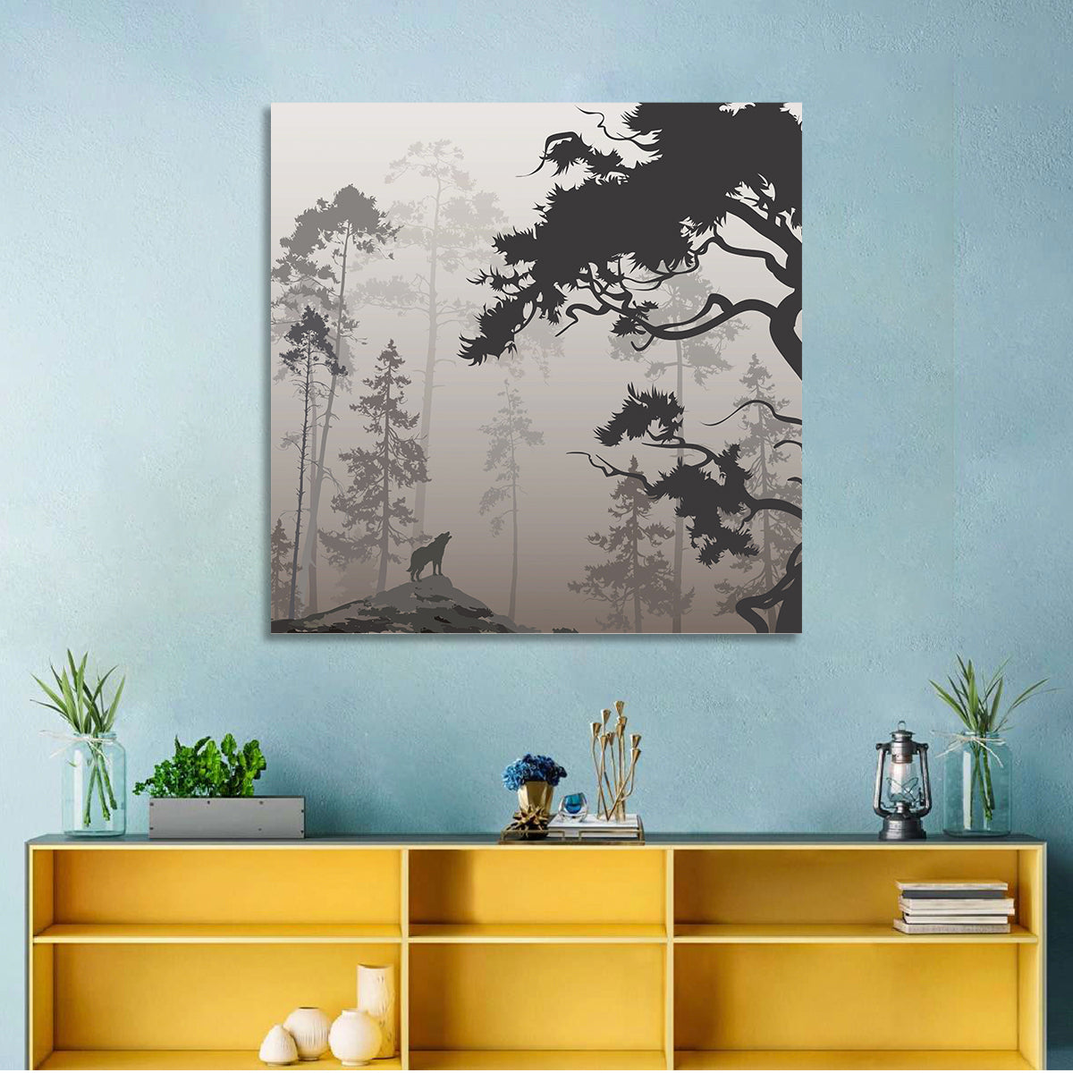 Howling Wolf in Misty Forest Wall Art