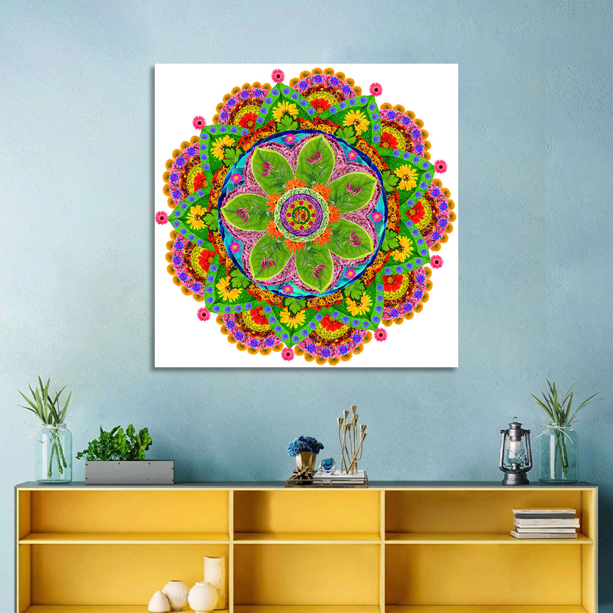 Vibrant Floral Petal Mandala Wall Art in a room, square