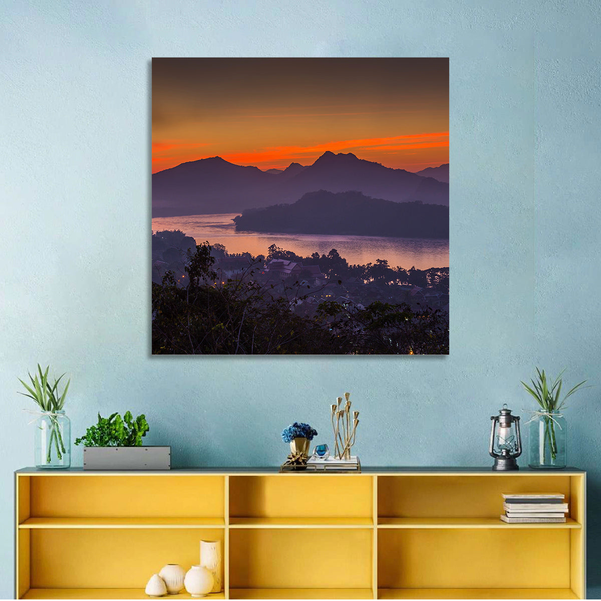 Luang Prabang Sunset Over Mekong Wall Art in a room, square