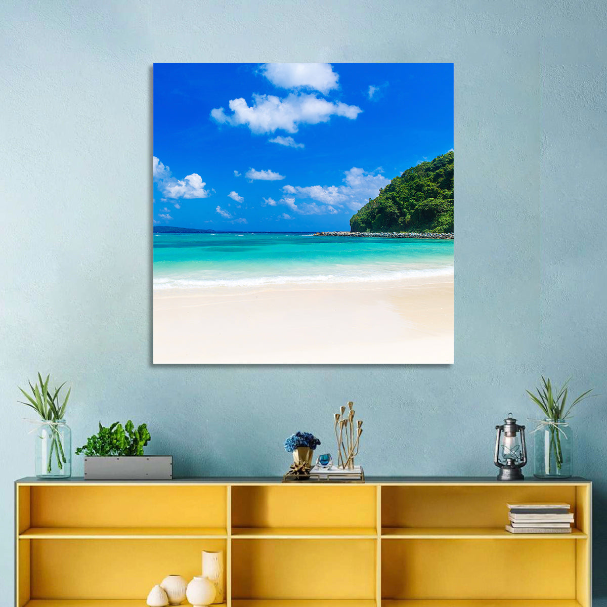 Turquoise Tropical Beach Scene Wall Art in a room, square