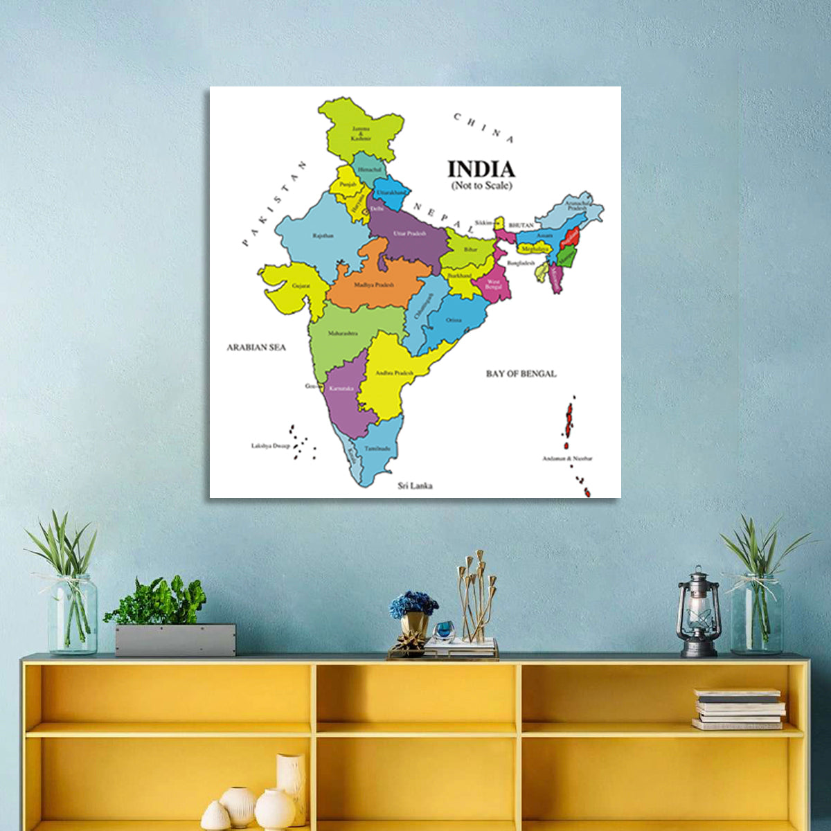 Colorful Political Map of India Wall Art in a room, square