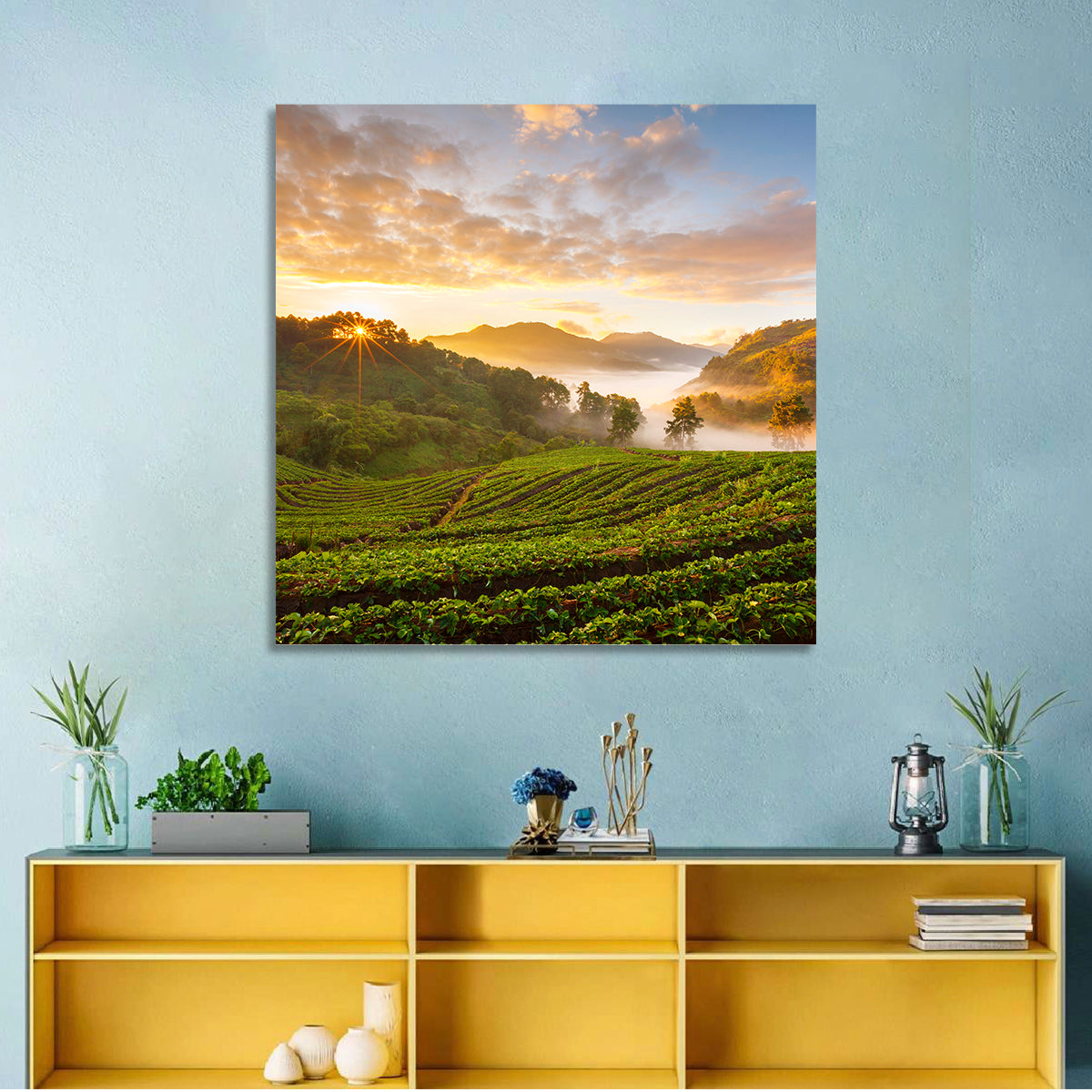 Strawberry Fields Sunrise Wall Art in a room, square