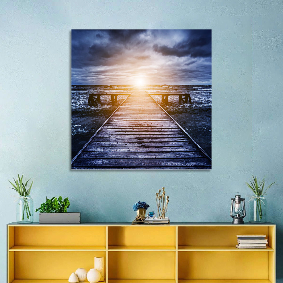 Sunlit Wooden Jetty at Dusk Wall Art