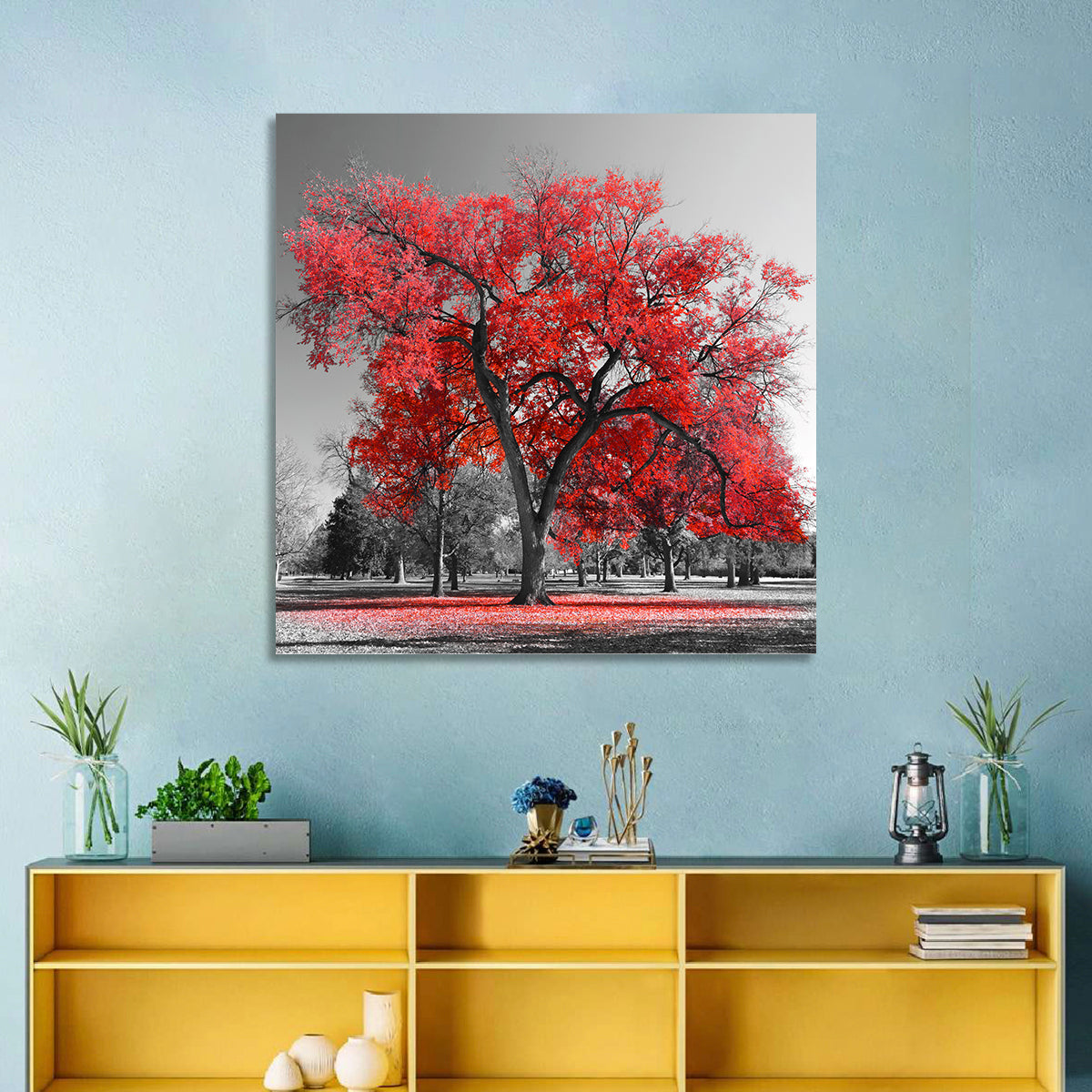 Winter Tree with Red Leaves Wall Art in a room, square
