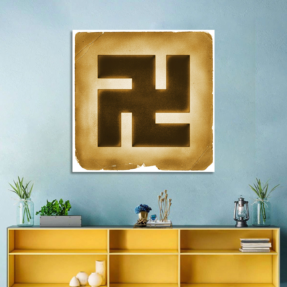 Buddhist Swastika Emblem Wall Art in a room, square