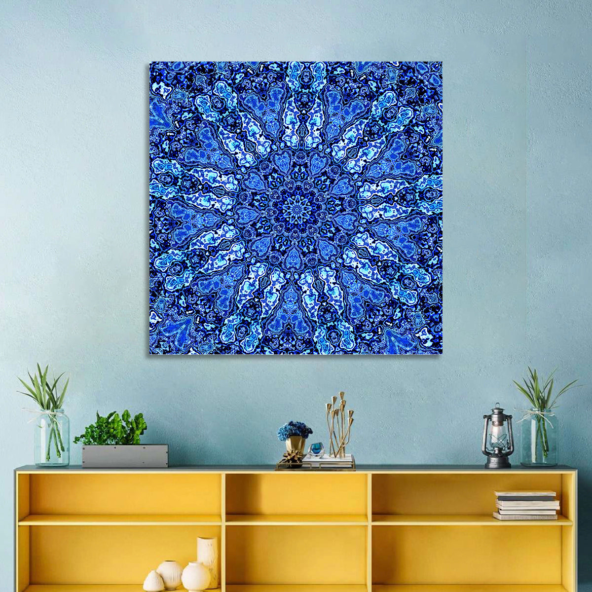 Blue Fractal Mandala Wall Art in a room, square