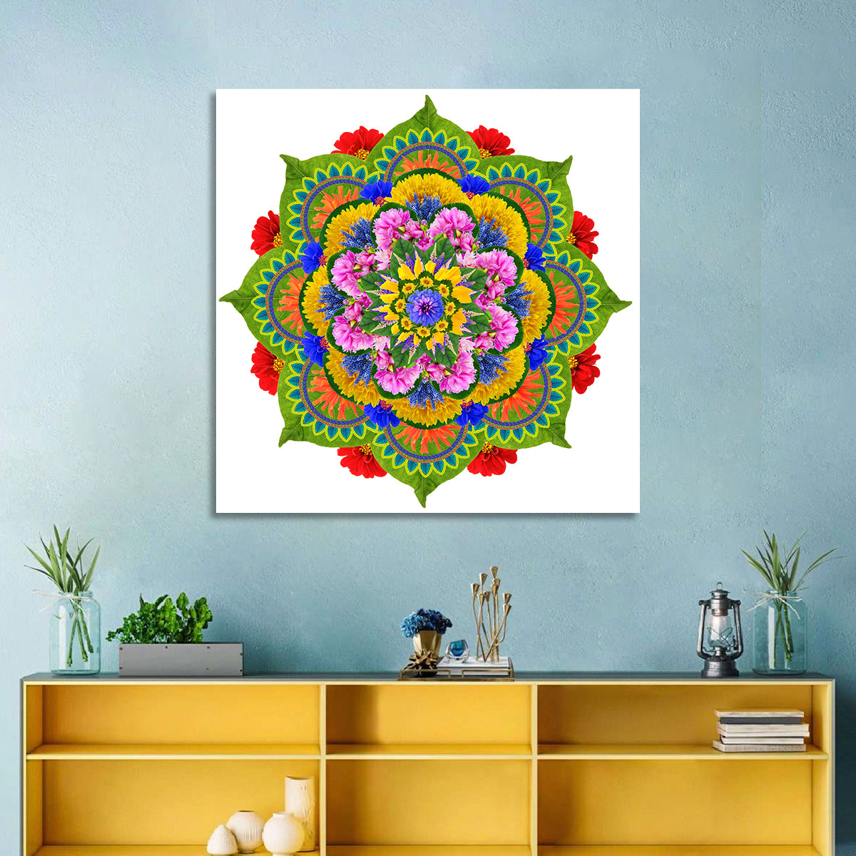 Vibrant Lotus Floral Mandala Wall Art in a room, square