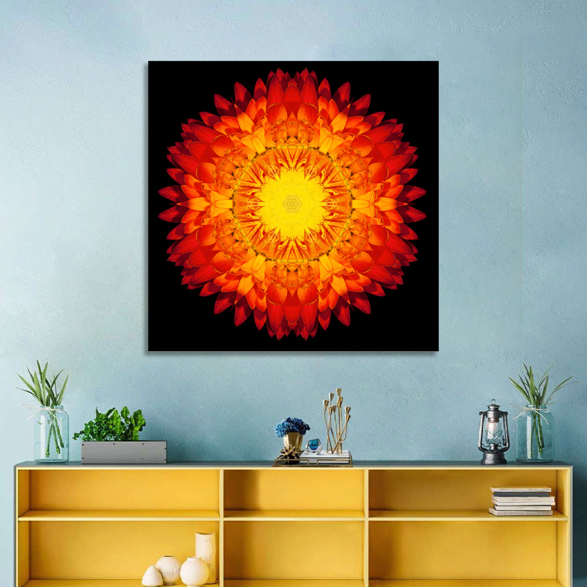 Radiant Red Kaleidoscopic Mandala Flower Wall Art in a room, square