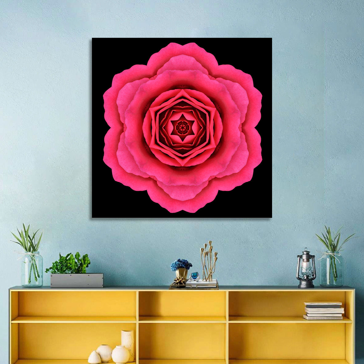 Magenta Rose Mandala Pattern Wall Art in a room, square