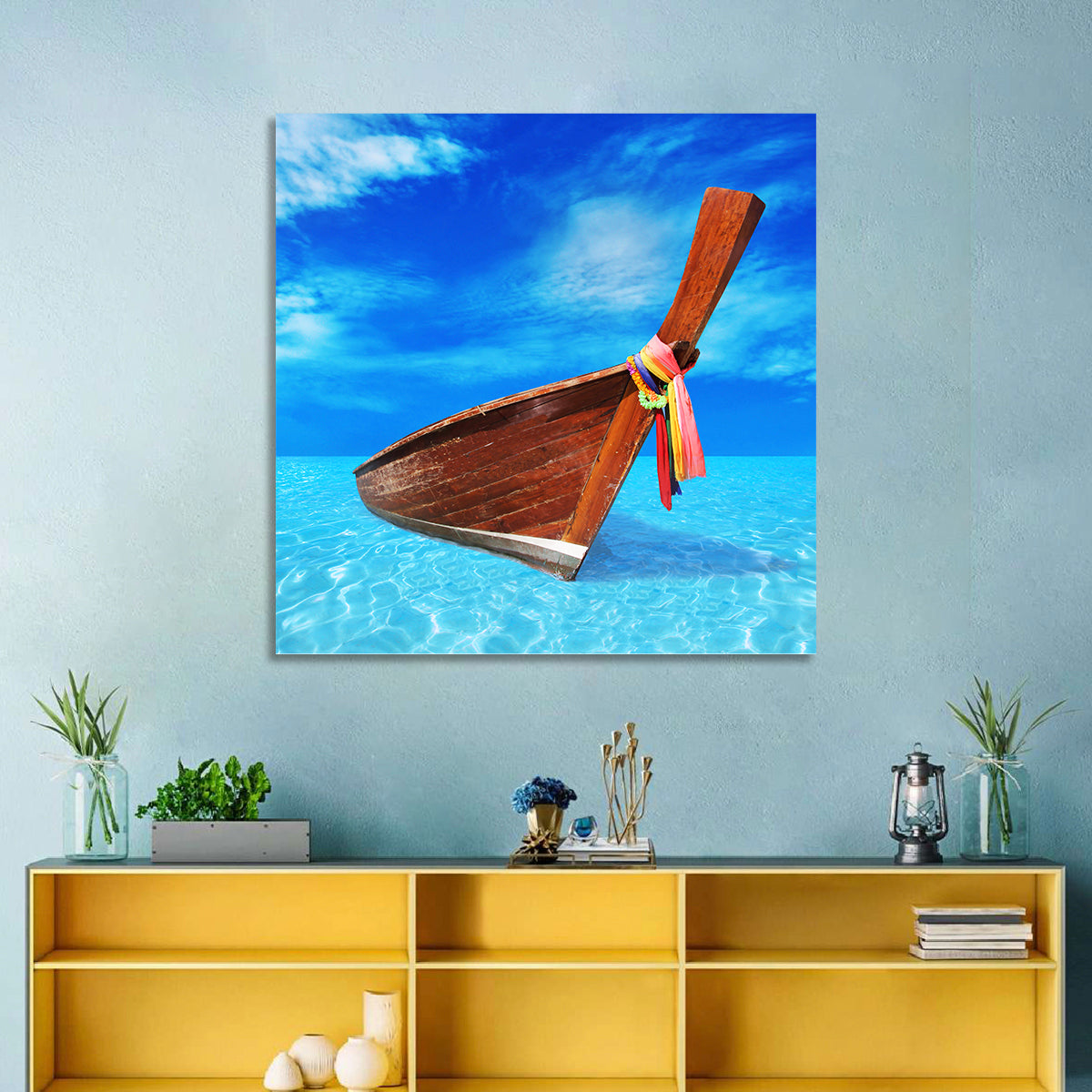 Long-tail Boat in Blue Sea Wall Art in a room, square