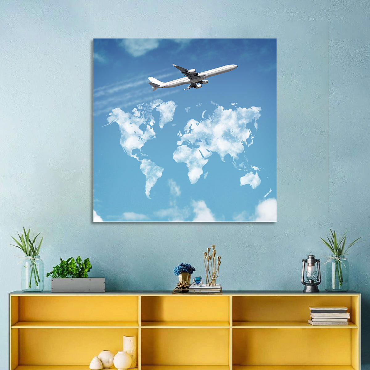 Jet Over Cloud World Map Wall Art