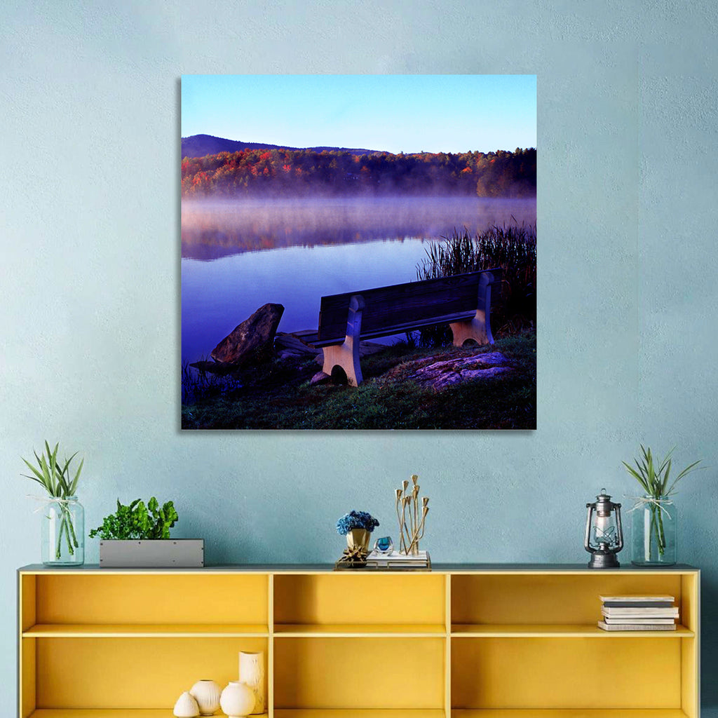 Bench at Misty Lake Sunrise Wall Art