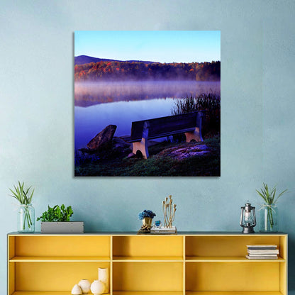 Bench at Misty Lake Sunrise Wall Art